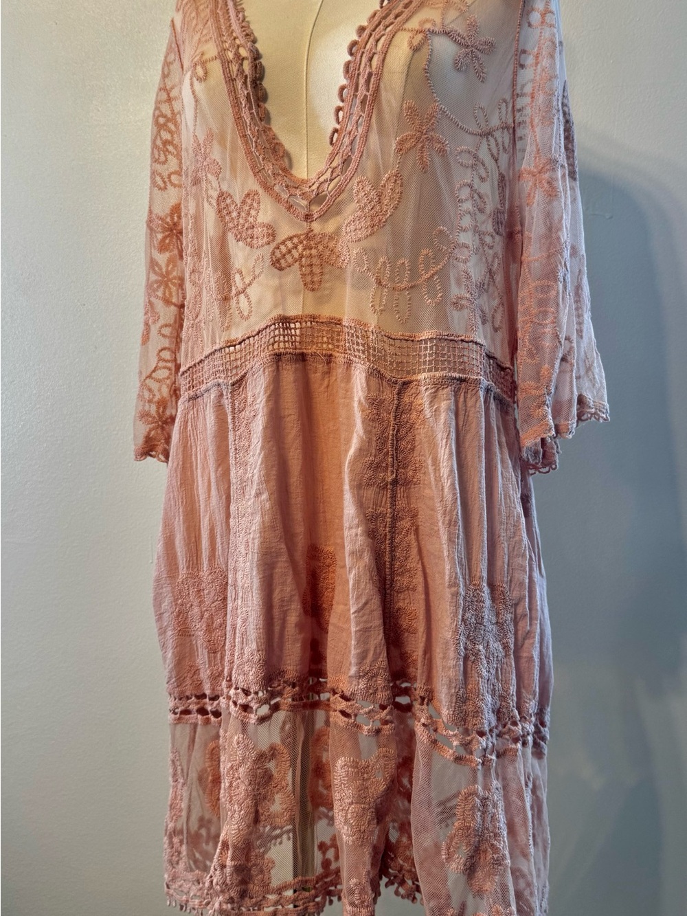 Dusty Rose Pink Embroidered Mini Dress with Crochet and Lace Detailing